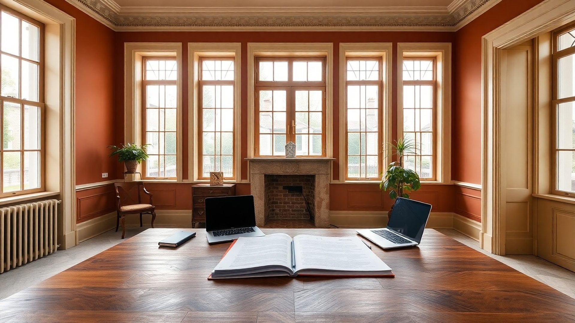 A calm Dublin Georgian townhouse interior with warm terracotta-cream walls and a walnut desk holding an editorial calendar