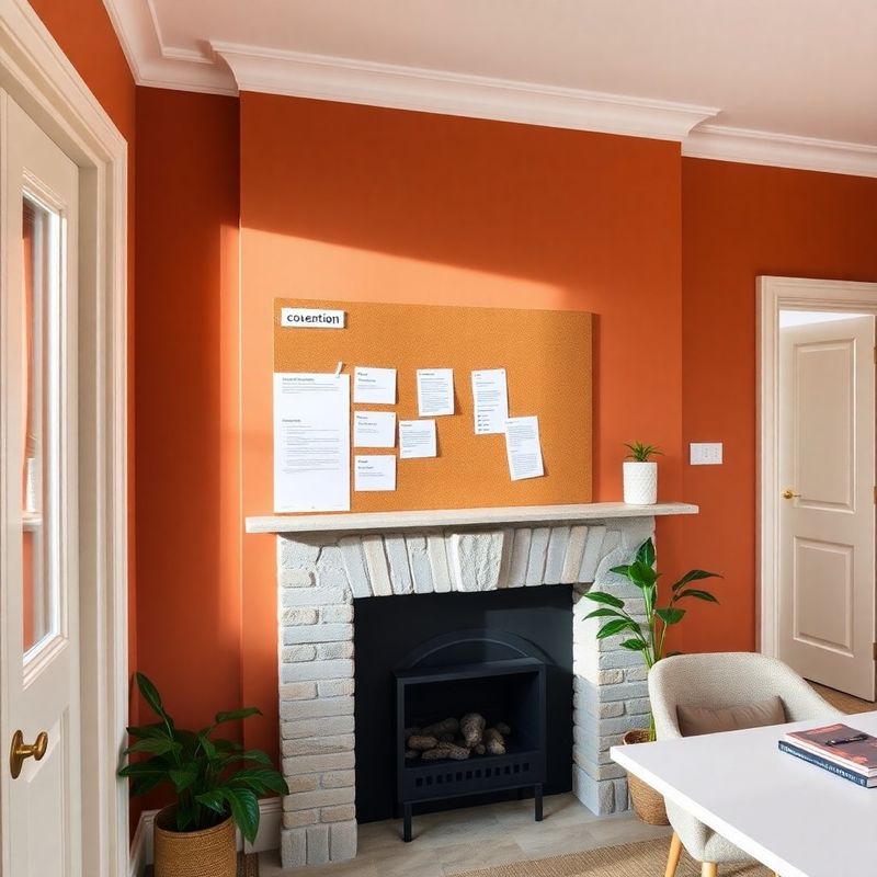 Bright Georgian Dublin office with a content production workflow pinned to a corkboard and a stone fireplace in the background