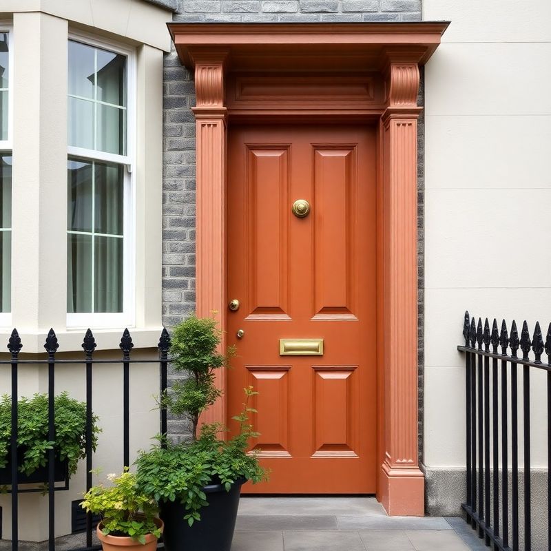 Warm terracotta-cream painted Georgian townhouse door in Dublin with a polished brass knocker and green window boxes