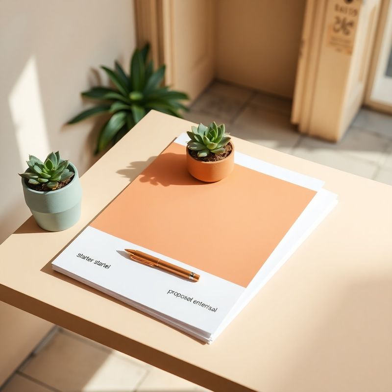Three neatly stacked proposal documents labelled Starter, Growth, and Enterprise on a warm cream surface beside a pen and a potted succulent