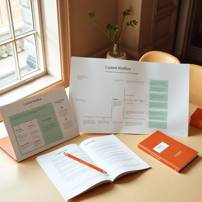 Content workflow diagram laid out on a cream desk with briefing templates, a style guide booklet, and terracotta stationery in natural light